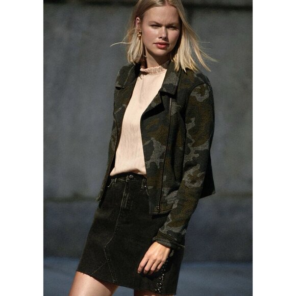 ANTHROPOLOGIE Camo Moto Jacket Zipper Cotton Green Grey Boho Size Medium - Picture 8 of 8